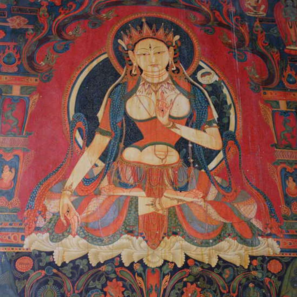 05-2 White Tara White Tara is one of the three long life deities, along with Amitayus and Namgyalma. She is represented as a mature woman, full-breasted and wise. She has three eyes on her face and one eye on each palm of her hands and feet. She wears a sparkling tiara on her head, and she is adorned with beautiful jewelry. Her right hand rests across her knee touching the earth palm outward, while her left hand holds near her heart the stem of an uptala flower. White Tara is associated with Wencheng, Songtsen Gampos wife from imperial China.
